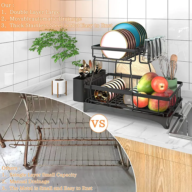 Kitchen Dish Rack Drainer 2 Tier Dish Drying Rack Cutlery Drainer Dish ...