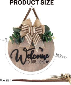 Letrero de bienvenida 3D para puerta Delantera, <span class=keywords><strong>estilo</strong></span> granja, letrero colgante redondo de madera con hojas artificiales y cuentas rústicas, tema artístico - Product Image 2