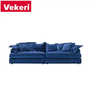 أريكة عصرية بسيطة لغرفة المعيشة, أريكة لغرفة المعيشة بإطار بسيط وعصري من قماش الغزال ومستقيمة ومستقيمة باللون الأزرق الغامق