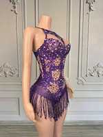 Combinaison de scène élastique sexy dos nu avec franges et strass, personnalisable, pour femme, bleue, haute qualité, pour la danse et les spectacles