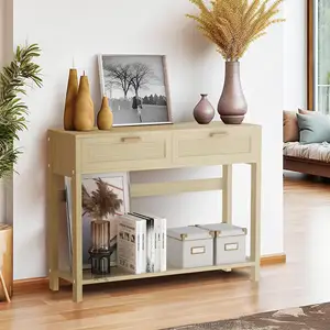 Rattan Console Table Narrow Long Entryway Table with 2 Drawer and Open Shelf Wooden Table for Living Room