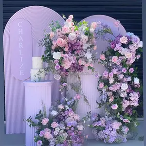 Wedding Birthday Party Purple Decoration Set Acrylic PVC Backdrop Panel With Cake Plinth Hanging Flower Row Set