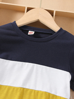 T-shirt décontracté pour garçon, col rond, manches courtes, tricoté, compressé, grande taille, bleu marine, blanc, jaune, 100% polyester, 180g EL