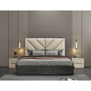 NOVA Modernes Hochglanz-Massivholz-Bettgestell in King/Queen-Size mit LED-Licht-Kopfteil für Hotel-Schlafzimmermöbel - Product Image 1