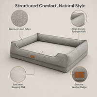 Cama para Perro Estilo Sofá de Lino Natural, con Tres Lados Reforzados, Esponja Ortopédica, Colchón Interior Extraíble, Lavable, Antideslizante, Personalizable, OEM