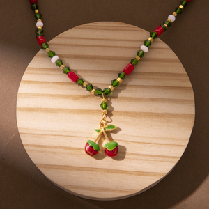 Collana con Ciondolo a Cuore e Ciliegia in Acciaio Inossidabile Placcato Oro 18K con Pietra Naturale per Donna - Regalo per Feste e Matrimoni - Product Image 5