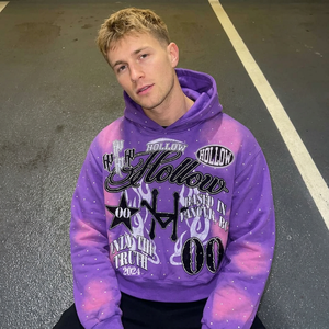 Vente en gros Sweat à capuche vintage coupe ample, délavé à l'acide, effet vieilli, en coton et polyester, grammage lourd, avec impression en relief de strass et fermeture éclair - Product Image 1
