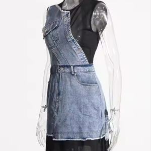 Robe en jean d'automne sexy sans manches à col en V 100 % coton, fendue, délavée à l'acide, style modeste, en gros - Product Image 4