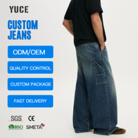 Jeans larges à jambes larges pour hommes, lavage vintage délavé bleu clair, lavage à la main, denim ample, tissu personnalisé, poids du tissu, jeans pour hommes