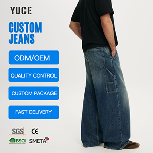 Jeans larges à jambes larges pour hommes, lavage vintage <span class=keywords><strong>délavé</strong></span> bleu clair, lavage à la main, denim ample, <span class=keywords><strong>tissu</strong></span> personnalisé, poids du <span class=keywords><strong>tissu</strong></span>, jeans pour hommes - Product Image 2