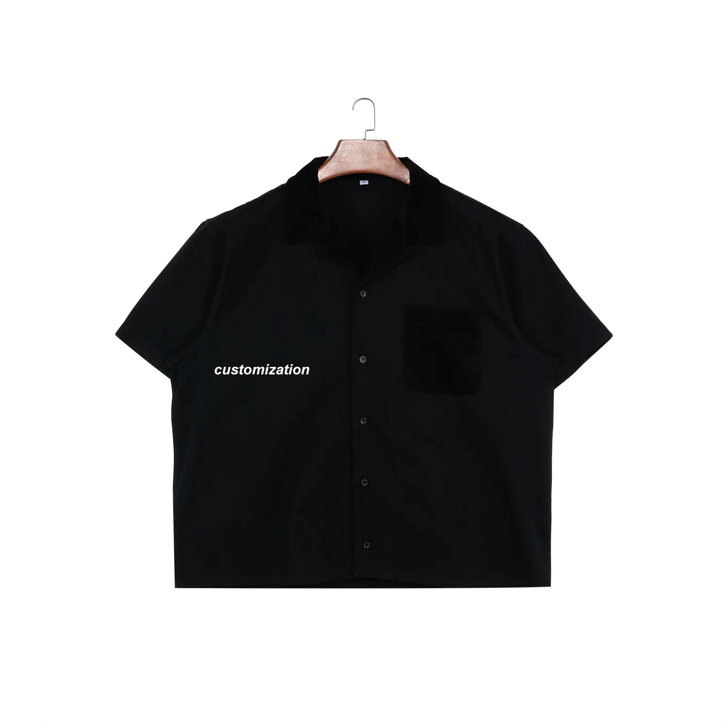 Camisa informal personalizada de color negro, 100% algodón, manga corta, cuello cubano, camisa con botones y bolsillo