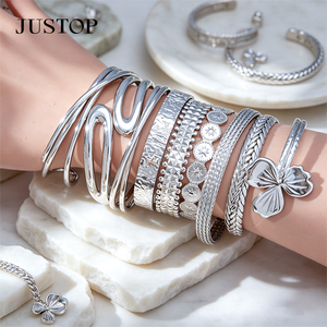 JUSTOP stainless steel Alloy Cuff <b>Bracelets</b> Set Flower Pattern Bohemia Style Women's Fashion Bangles - Product Image 1