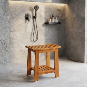 Banc de douche en teck massif avec siège ergonomique et étagère de rangement - Product Image 2