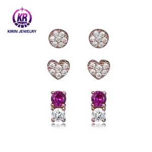 Trendy Shining Rose Gold925 Sterling Silver Couple Hip Hop Earrings with Zirconia Main Stone Studded Multiple Pairs Combination