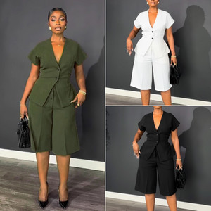 S11219 Completo Estivo da <span class=keywords><strong>Donna</strong></span>: <span class=keywords><strong>Blazer</strong></span> Slim con Fiocco a Maniche Corte e Pantaloni al Ginocchio, Set Due Pezzi per Ufficio - Product Image 2
