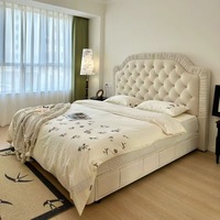 Lit double moderne de luxe léger en bois massif avec trois tiroirs, lit de mariage princesse en velours à boutons