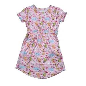 QL2022 थोक नई शैली बच्चे फ्रॉक shortsleeve जेब पोशाक लवली पशु मुद्रण स्कूल ड्रेस