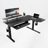 Bureau debout électrique en forme de L AJUNION avec plateau en fibre de carbone et bois, support ergonomique pour écran et éclairage RGB contrôlable