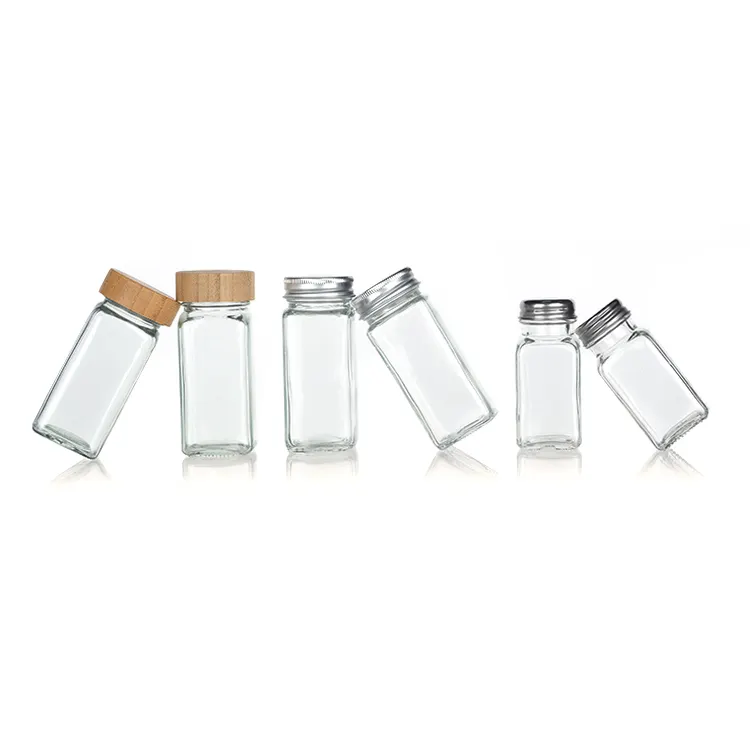Frasco de vidro hexagonal para especiarias, frasco de mel de 45 ml com tampa de bambu, etiqueta personalizada, 2 onças e 4 onças, retangular, quadrado