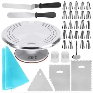 Großhandel 35 Stück Kuchen Plattenspieler Set Werkzeuge mit 12 "Aluminium legierung Metall Kuchen Plattenspieler rotierenden Kuchen Dessert Stand