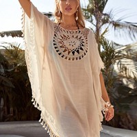 2026 Zomer Nieuwe Strandkleding Casual Handgebreide Chiffon Luipaardprint Discharge Geprint Strandjurkje Kleine Kwastjes Jurk