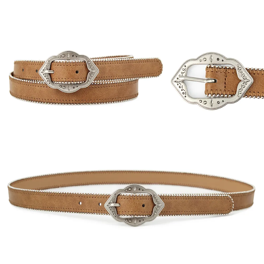 New Wholesale design retro Shape Buckles Cowgirl Western Women belt with beads chain stitched
