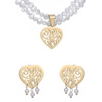 Collier et boucles d'oreilles en or brillant avec perles baroques hypoallergéniques et filigrane creux en forme de cœur, vente en gros d'usine