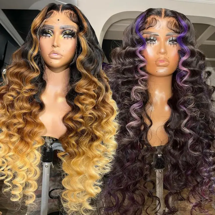 Trio 30"-40" loose deep peruvian hair wigs ombre dark roots highlight Colordeep wave curly hair extensions & wigs for women