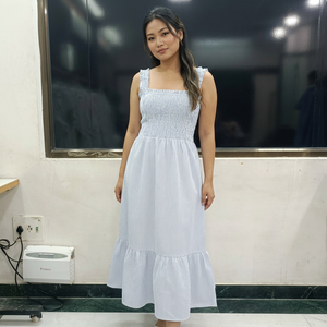 Women's Light Blue Striped Smocked Bodice Sleeveless Maxi <b>Dress</b> | Vintage Breathable Daily Casual Cotton Blend Ruffle Hem - Product Image 1