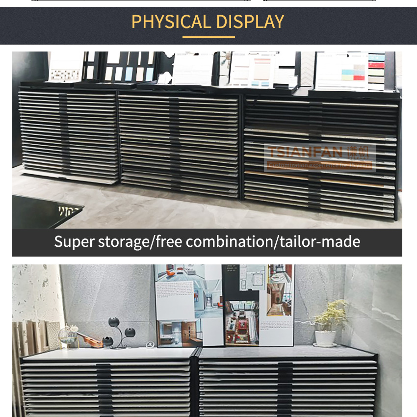 Customized high quality granite ceramic tile showroom quartz marble sample flooring-standing drawer stone display rack