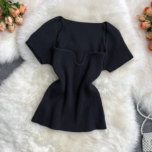 Women's Short Sleeve Square Neck Knit <b>Top</b> Short T-Shirt Fashion - Product Image 4
