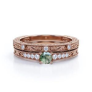 Anillo eduardiano Vintage grabado en plata de ley 925, anillo de bodas de ágata de musgo redonda de 0,6 quilates y moissanita para mujer - Product Image 4