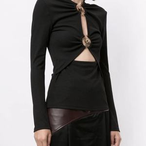 Nouveauté Printemps 2022 – Blouse Courte Sexy Rayée Bleue et Blanche à Manches Longues pour Femme - Product Image 4