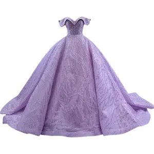 Luxury Beading Fabric Glittering Off Shoulder Girls Party Formal Wear Ball Gown Purple Prom Dresses
