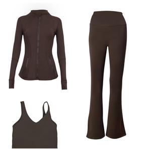 Ensemble de sport trois pièces pour femmes, pantalon évasé, veste, soutien-gorge dos en U, sensation de nu, course à pied, yoga, spandex - Product Image 3