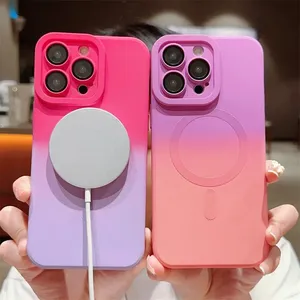 Funda magnética de doble color degradado para iPhone 15 Pro Max 14 13 12 11 Pro Max con película de lente a prueba de golpes funda de silicona suave