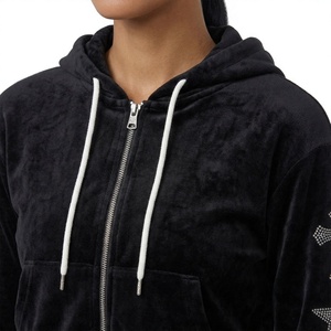 <b>Women</b> Black <b>Velvet</b> <b>Tracksuit</b> Zip Up Cropped Hoodie And Jogger Pants With Rhinestone Sleeve - Product Image 5