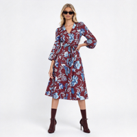 Gaun Midi Wanita Warna Merah Anggur Bermotif Bunga, Kerah V, Lengan Puff 3/4, Ikat Pinggang, Model A-line, Cetakan Botani Vintage, Gaun Kasual OEM ODM