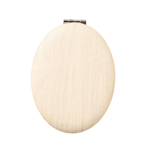White Wood Grain PU Leather Oval Compact <b>Mirror</b> Silver Electroplated Metal Frame Folding Dual Sided Pocket <b>Makeup</b> <b>Vanity</b> <b>Mirror</b> - Product Image 1