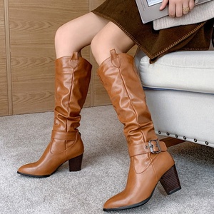 Big Size 46 Solid Knee High <b>Pointed</b> Toe Chunky High Heel Women Boots Ankle Buckle Slip-on Long Booties for Ladies - Product Image 1