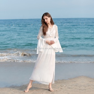 JINRU Factory luxury hollow out sexy handmade yarn lace bikini cover up cotton abito lungo da <span class=keywords><strong>spiaggia</strong></span> bianco a maniche lunghe da donna - Product Image 3