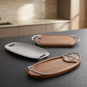 Elegant Serving Trays Set Wood and Stainless Steel Designs with Stylish Handles for Drinks and Snacks Serving - Product Image 1