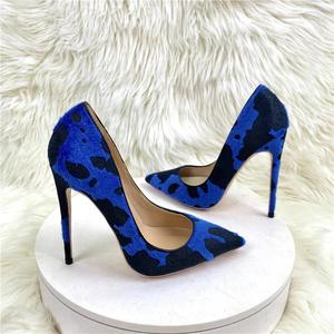 Blue Flock Floral Stiletto Pumps Women's Chic <b>High</b> <b>Heel</b> Shoes-Pointy Slip-On Design Big Size 34-45 for Summer Winter Autumn - Product Image 1