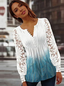 Chemisier ample à manches longues en dentelle pour femme, col en V, dégradé blanc-bleu, en fibre de lait avec accents feuille d'or, tenue décontractée - Product Image 1