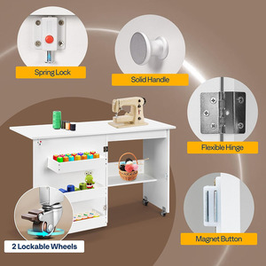 Tavolo da cucito pieghevole bianco con scrivania in legno ripiani per cucire ascensore per piccoli spazi - Product Image 2