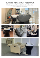 Unité de lavage de cheveux moderne pour salon de beauté et onglerie, avec siège réglable inclinable, lavabo en céramique et base en acier inoxydable haute densité