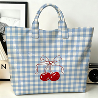 Sac fourre-tout en PVC à motif vichy avec motif cerise, imperméable, transparent, effet gelée, sac de plage, pochette fourre-tout, sacs à main à nœud, sac de rangement