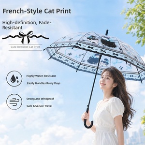 <span class=keywords><strong>Parapluie</strong></span> transparent à motif de chat de dessin animé, ouverture automatique, imperméable, coupe-vent, design élégant avec nœud papillon - Product Image 1