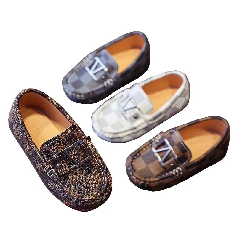British Style Baby Boys Beanie Shoes Kids Plaid PU Leather Loafers Slip-on Shoes Casual Children's Shoes Wholesale