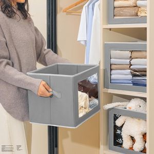 Boîtes de rangement pliables en tissu avec fenêtre et poignée, lot de 3 - Capacité 24L, organisateur de vêtements minimaliste - Product Image 5